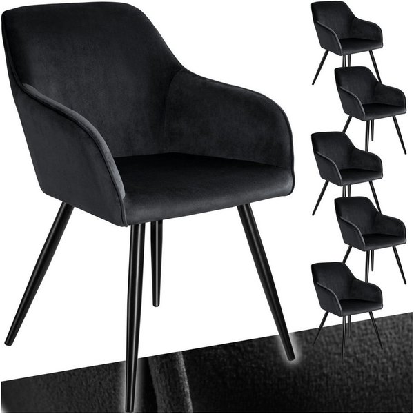 tectake Esszimmerstuhl Wohnzimmerstuhl gepolstert, in Samtoptik, 58 x 62 x 82 cm (Küchenstuhl Marilyn in schwarz, 6 St), durchgehende Lehne, schwarze Stahlbeine