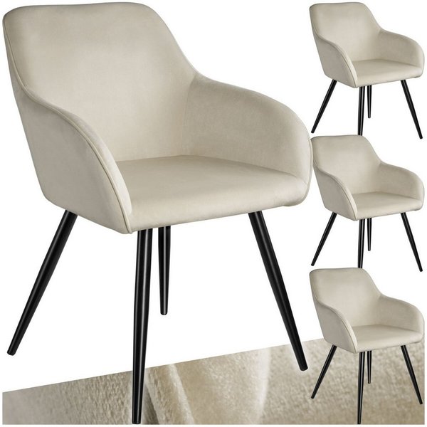 tectake Esszimmerstuhl Wohnzimmerstuhl gepolstert, in Samtoptik, 58 x 62 x 82 cm (Küchenstuhl Marilyn in creme/schwarz, 4 St), durchgehende Lehne, schwarze Stah