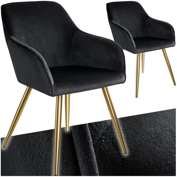 tectake Esszimmerstuhl Wohnzimmerstuhl gepolstert, in Samtoptik, 58 x 62 x 82 cm (Küchenstuhl Marilyn in schwarz/gold, 2 St), durchgehende Lehne, goldene Stahlb