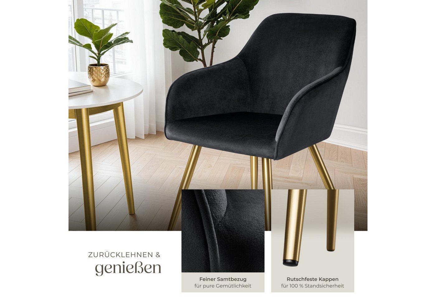 tectake Esszimmerstuhl Wohnzimmerstuhl gepolstert, in Samtoptik, 58 x 62 x 82 cm (Küchenstuhl Marilyn in schwarz/gold, 2 St), durchgehende Lehne, goldene Stahlb – Bild 4 von 5