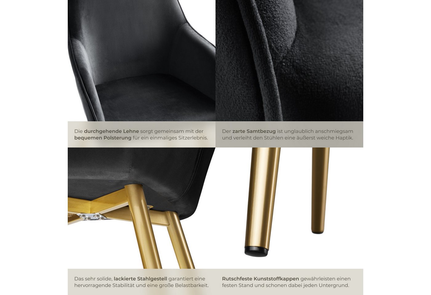 tectake Esszimmerstuhl Wohnzimmerstuhl gepolstert, in Samtoptik, 58 x 62 x 82 cm (Küchenstuhl Marilyn in schwarz/gold, 2 St), durchgehende Lehne, goldene Stahlb – Bild 5 von 5