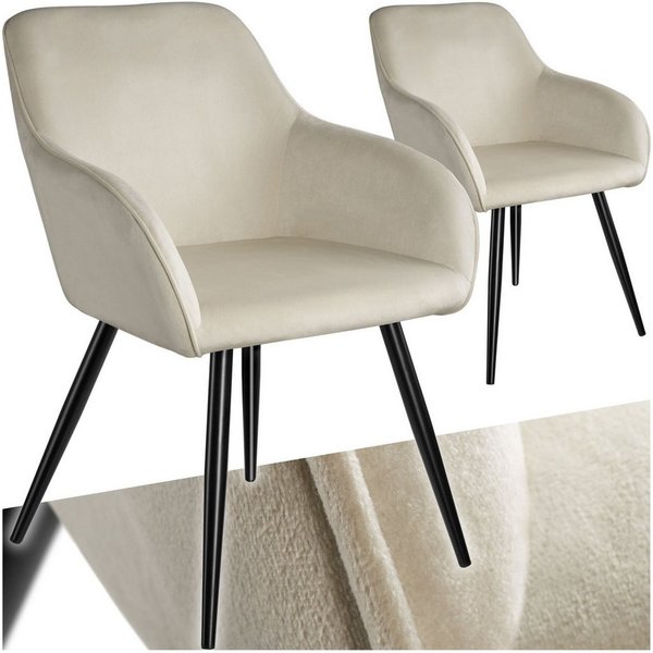 tectake Esszimmerstuhl Wohnzimmerstuhl gepolstert, in Samtoptik, 58 x 62 x 82 cm (Küchenstuhl Marilyn in creme/schwarz, 2 St), durchgehende Lehne, schwarze Stah