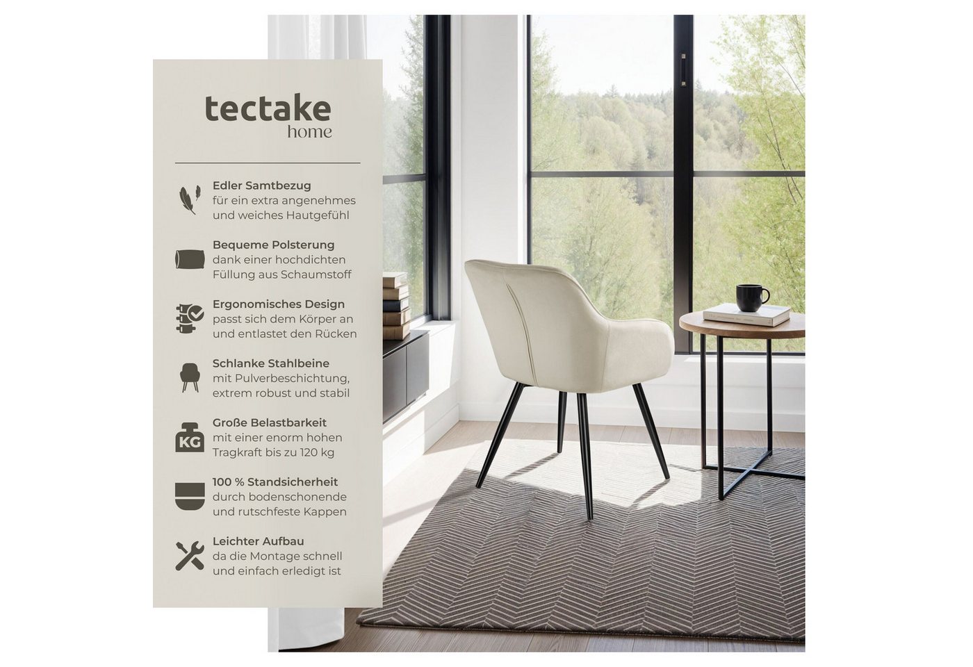 tectake Esszimmerstuhl Wohnzimmerstuhl gepolstert, in Samtoptik, 58 x 62 x 82 cm (Küchenstuhl Marilyn in creme/schwarz, 2 St), durchgehende Lehne, schwarze Stah – Bild 2 von 5