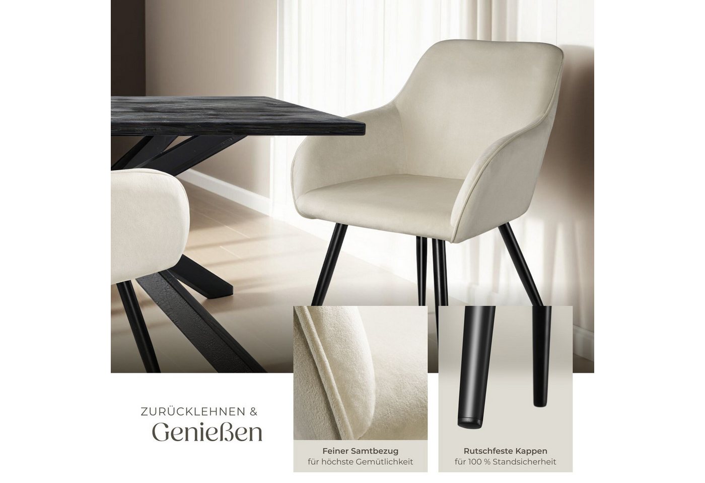 tectake Esszimmerstuhl Wohnzimmerstuhl gepolstert, in Samtoptik, 58 x 62 x 82 cm (Küchenstuhl Marilyn in creme/schwarz, 2 St), durchgehende Lehne, schwarze Stah – Bild 4 von 5