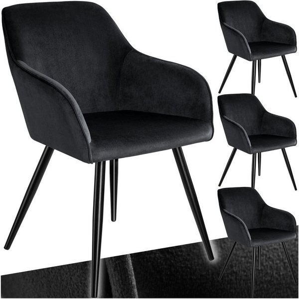 tectake Esszimmerstuhl Wohnzimmerstuhl gepolstert, in Samtoptik, 58 x 62 x 82 cm (Küchenstuhl Marilyn in schwarz, 4 St), durchgehende Lehne, schwarze Stahlbeine