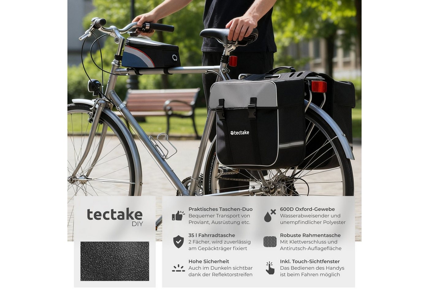 tectake Fahrradtasche (Fahrradtasche Set GEORG, in schwarz/rot), Mit reflektierenden Streifen – Bild 2 von 5