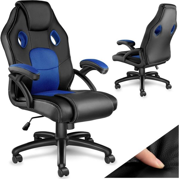 tectake Gaming-Stuhl Bürostuhl, ergonomische Form, Kunstlederbezug mit Mesh-Gewebe (Gaming Sessel Mike, 1 St), Stufenlos höhenverstellbar, dicke Polsterung, um 