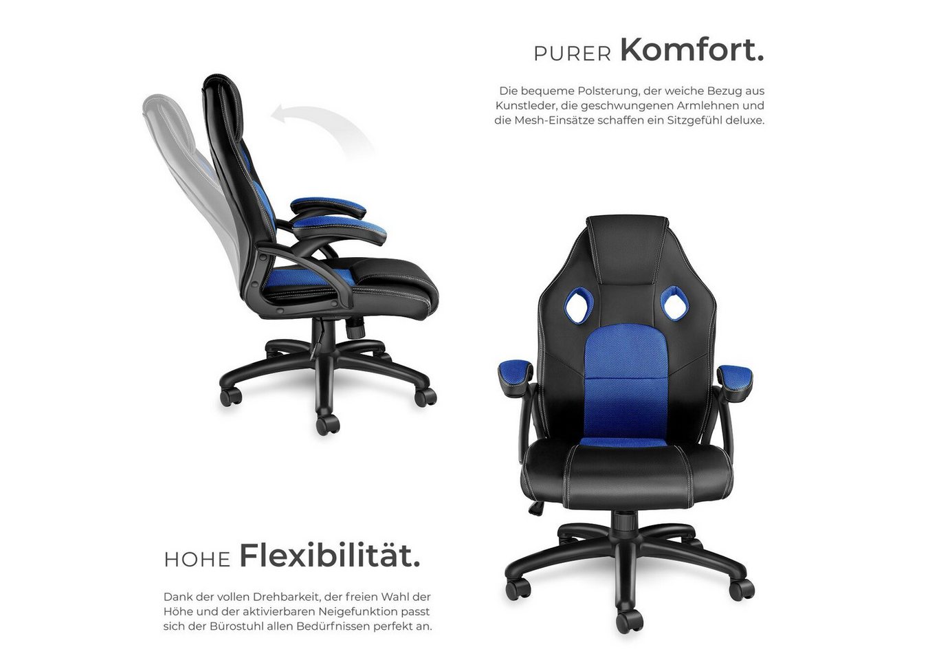 tectake Gaming-Stuhl Bürostuhl, ergonomische Form, Kunstlederbezug mit Mesh-Gewebe (Gaming Sessel Mike, 1 St), Stufenlos höhenverstellbar, dicke Polsterung, um  – Bild 3 von 5