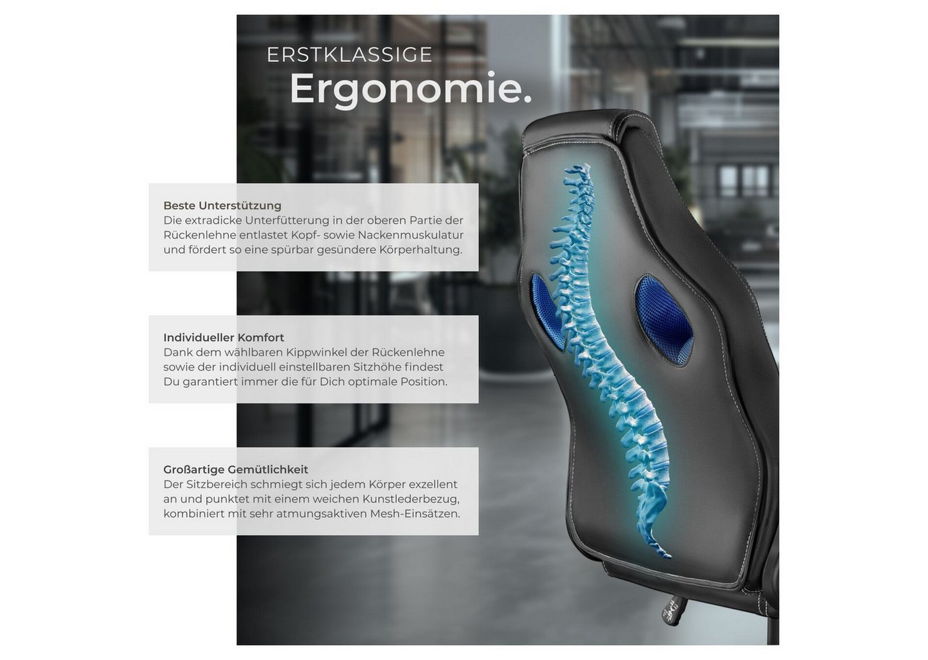 tectake Gaming-Stuhl Bürostuhl, ergonomische Form, Kunstlederbezug mit Mesh-Gewebe (Gaming Sessel Mike, 1 St), Stufenlos höhenverstellbar, dicke Polsterung, um  – Bild 4 von 5