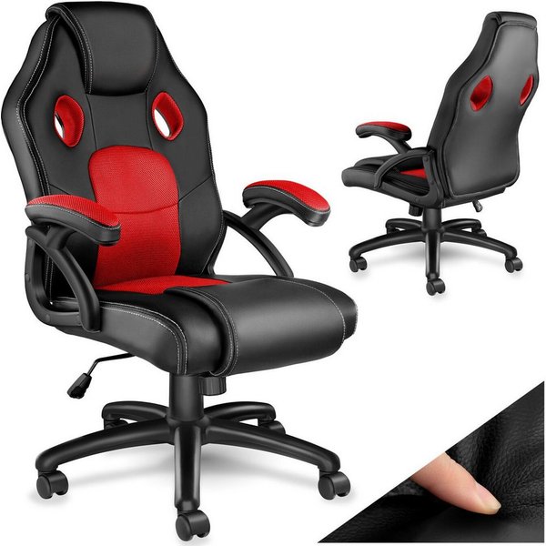 tectake Gaming-Stuhl Bürostuhl, ergonomische Form, Kunstlederbezug mit Mesh-Gewebe (Gaming Sessel Mike, 1 St), Stufenlos höhenverstellbar, dicke Polsterung, um 