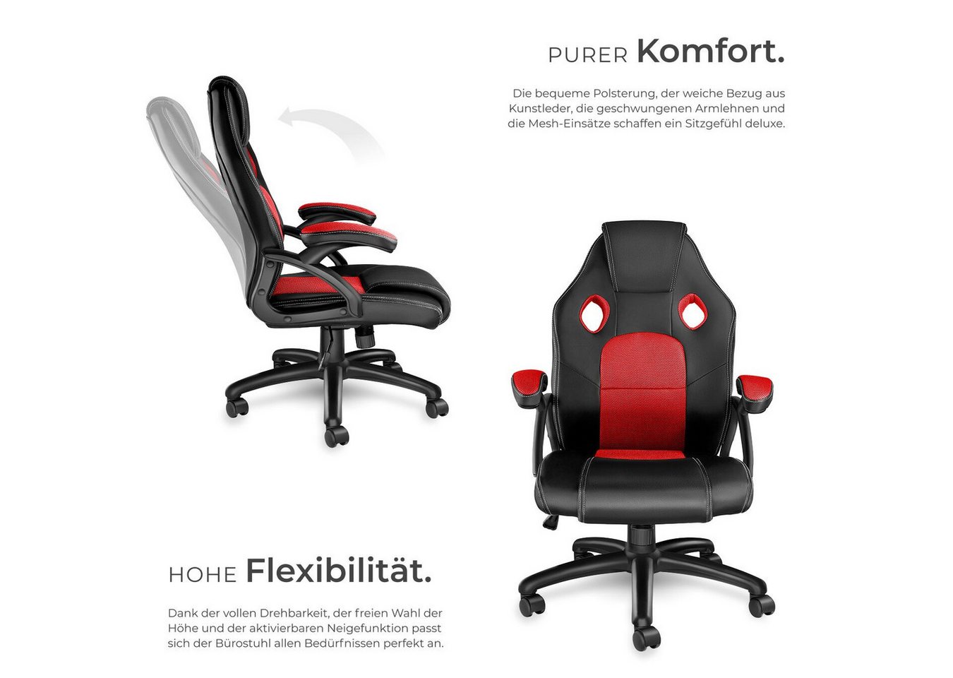 tectake Gaming-Stuhl Bürostuhl, ergonomische Form, Kunstlederbezug mit Mesh-Gewebe (Gaming Sessel Mike, 1 St), Stufenlos höhenverstellbar, dicke Polsterung, um  – Bild 3 von 5