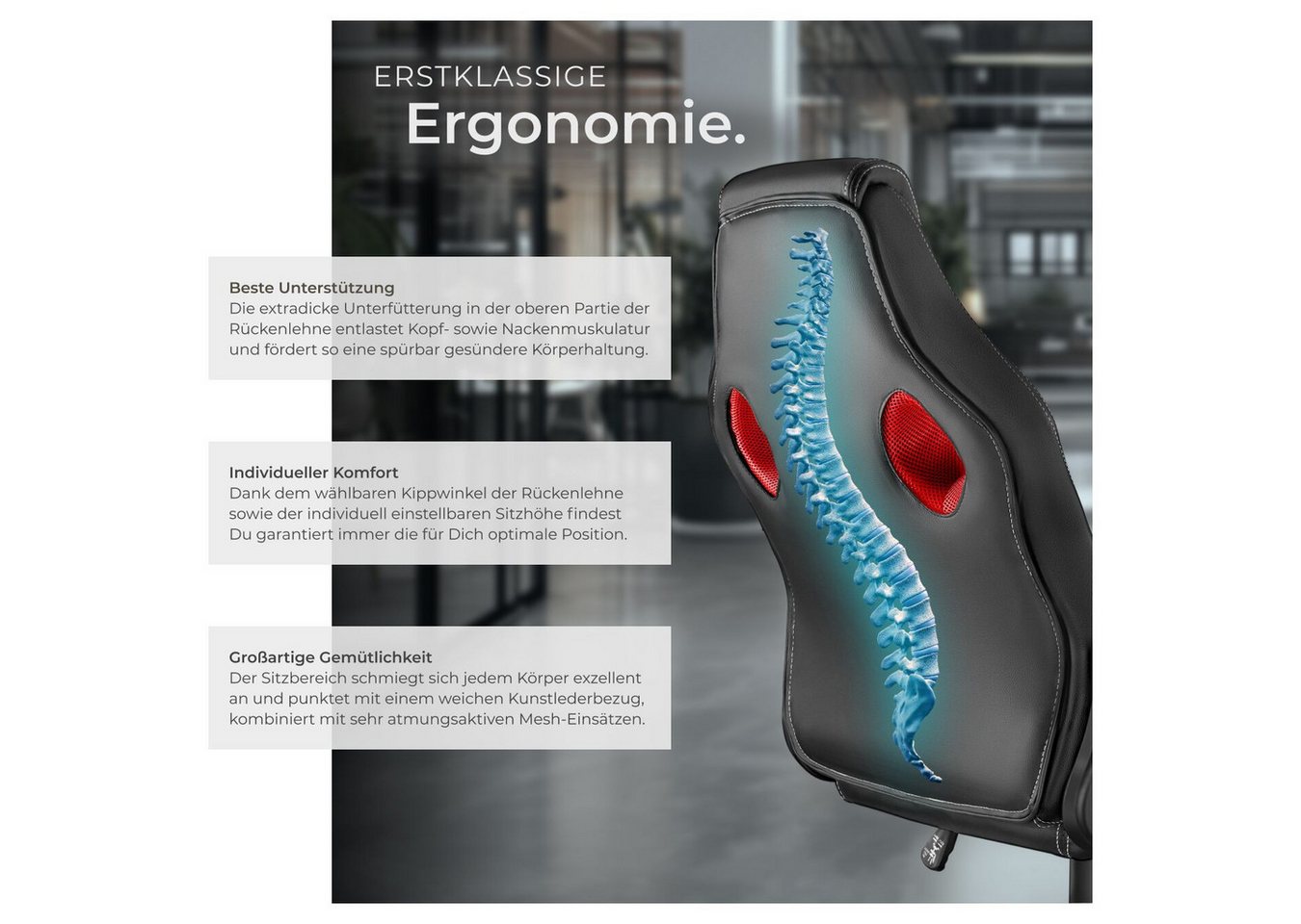 tectake Gaming-Stuhl Bürostuhl, ergonomische Form, Kunstlederbezug mit Mesh-Gewebe (Gaming Sessel Mike, 1 St), Stufenlos höhenverstellbar, dicke Polsterung, um  – Bild 4 von 5