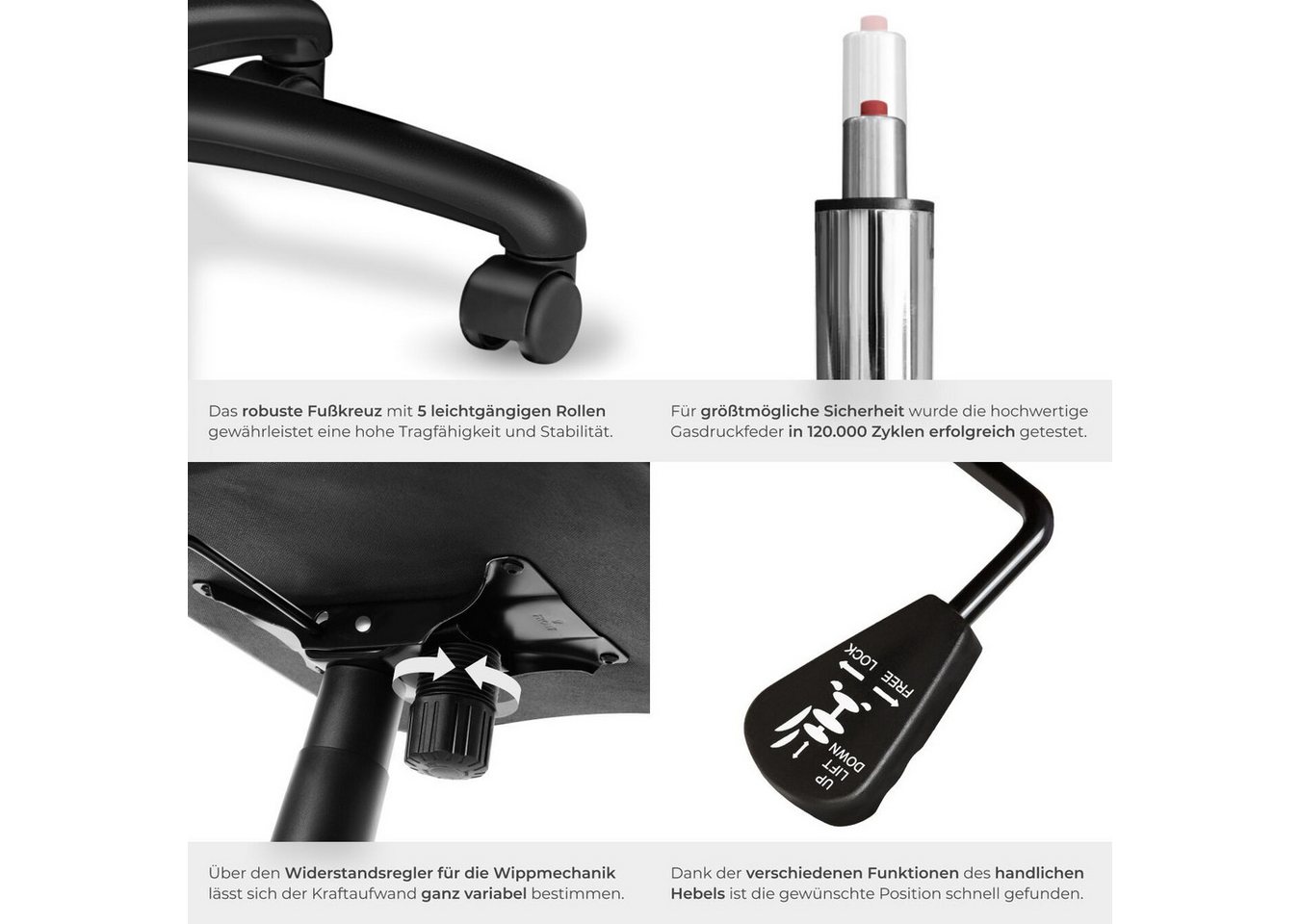 tectake Gaming-Stuhl Bürostuhl, ergonomische Form, Kunstlederbezug mit Mesh-Gewebe (Gaming Sessel Mike, 1 St), Stufenlos höhenverstellbar, dicke Polsterung, um  – Bild 5 von 5