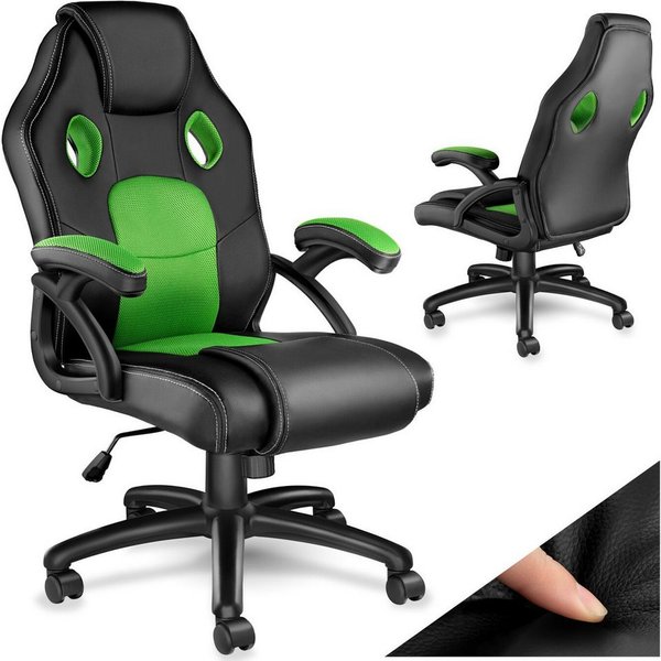 tectake Gaming-Stuhl Bürostuhl, ergonomische Form, Kunstlederbezug mit Mesh-Gewebe (Gaming Sessel Mike, 1 St), Stufenlos höhenverstellbar, dicke Polsterung, um 
