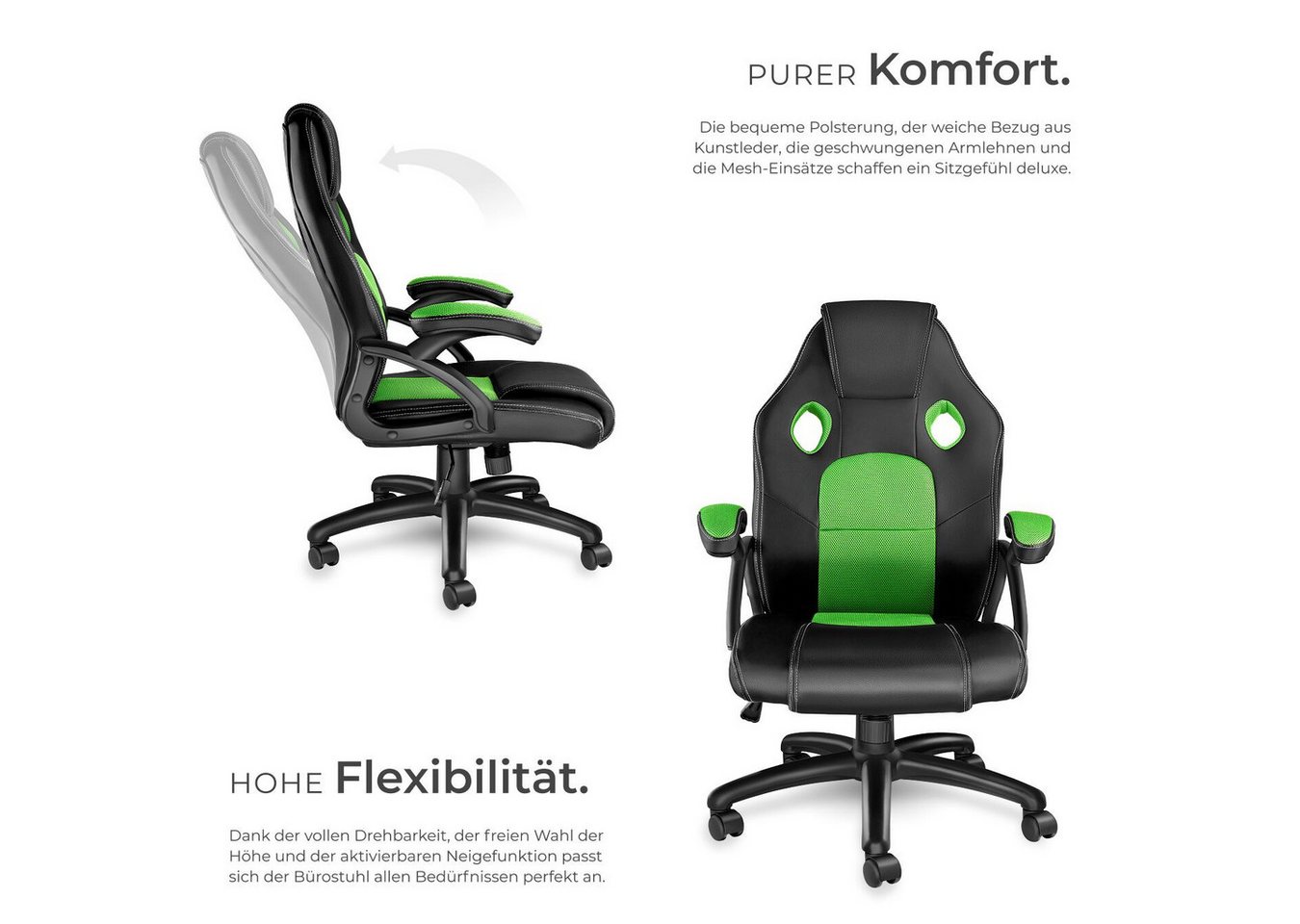 tectake Gaming-Stuhl Bürostuhl, ergonomische Form, Kunstlederbezug mit Mesh-Gewebe (Gaming Sessel Mike, 1 St), Stufenlos höhenverstellbar, dicke Polsterung, um  – Bild 3 von 5