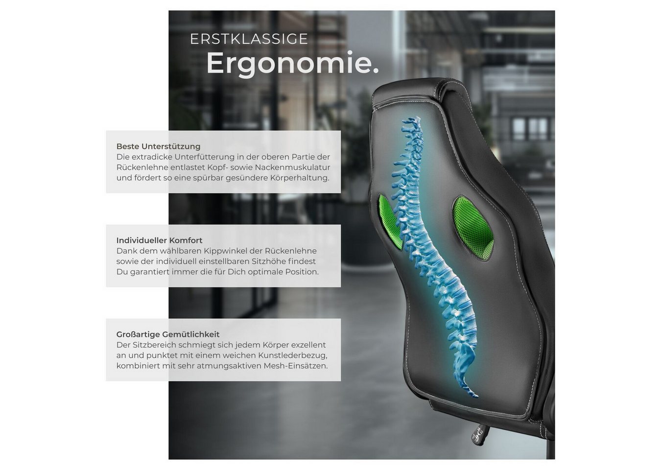 tectake Gaming-Stuhl Bürostuhl, ergonomische Form, Kunstlederbezug mit Mesh-Gewebe (Gaming Sessel Mike, 1 St), Stufenlos höhenverstellbar, dicke Polsterung, um  – Bild 4 von 5