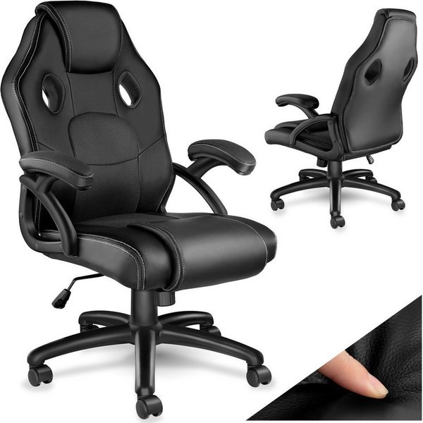tectake Gaming-Stuhl Bürostuhl, ergonomische Form, Kunstlederbezug mit Mesh-Gewebe (Gaming Sessel Mike, 1 St), Stufenlos höhenverstellbar, dicke Polsterung, um 