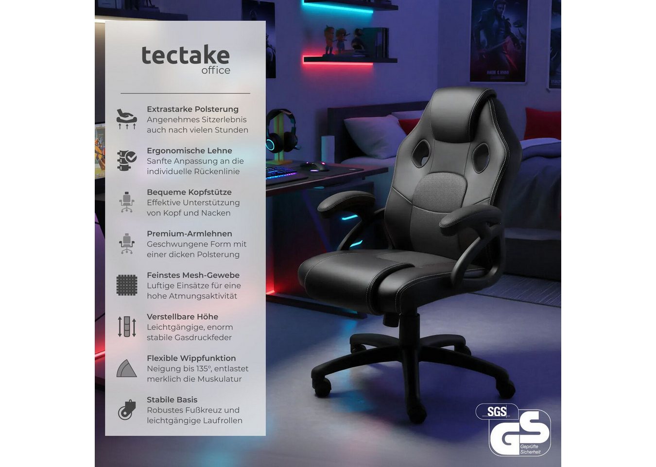 tectake Gaming-Stuhl Bürostuhl, ergonomische Form, Kunstlederbezug mit Mesh-Gewebe (Gaming Sessel Mike, 1 St), Stufenlos höhenverstellbar, dicke Polsterung, um  – Bild 2 von 5