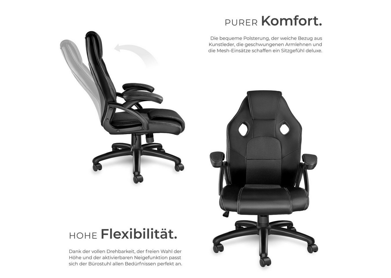 tectake Gaming-Stuhl Bürostuhl, ergonomische Form, Kunstlederbezug mit Mesh-Gewebe (Gaming Sessel Mike, 1 St), Stufenlos höhenverstellbar, dicke Polsterung, um  – Bild 3 von 5
