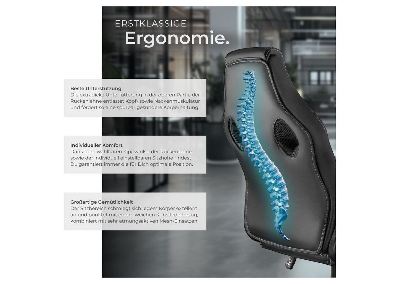tectake Gaming-Stuhl Bürostuhl, ergonomische Form, Kunstlederbezug mit Mesh-Gewebe (Gaming Sessel Mike, 1 St), Stufenlos höhenverstellbar, dicke Polsterung, um  – Bild 4 von 5