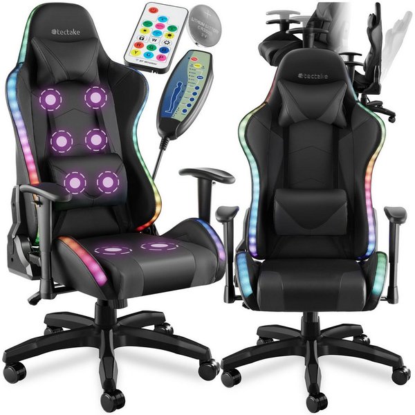 tectake Gaming-Stuhl Gaming-Sessel, Belastbarkeit 120 kg, mit verstellbarer Rückenlehne (Racing-Stuhl Tartaros, 1 St), LED-Beleuchtung & Massagefunktion, Kunstl