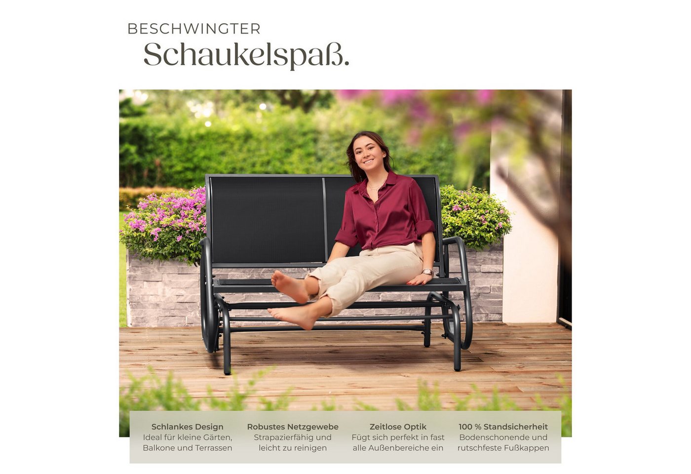 tectake Gartenbank Outdoor-Sitzbank, 121 x 72 x 86,5 cm, sanfter Schaukelmechanismus (Parkbank Greta, in schwarz), 2-Sitzer, atmungsaktives Kunststoffgewebe, Be – Bild 3 von 5
