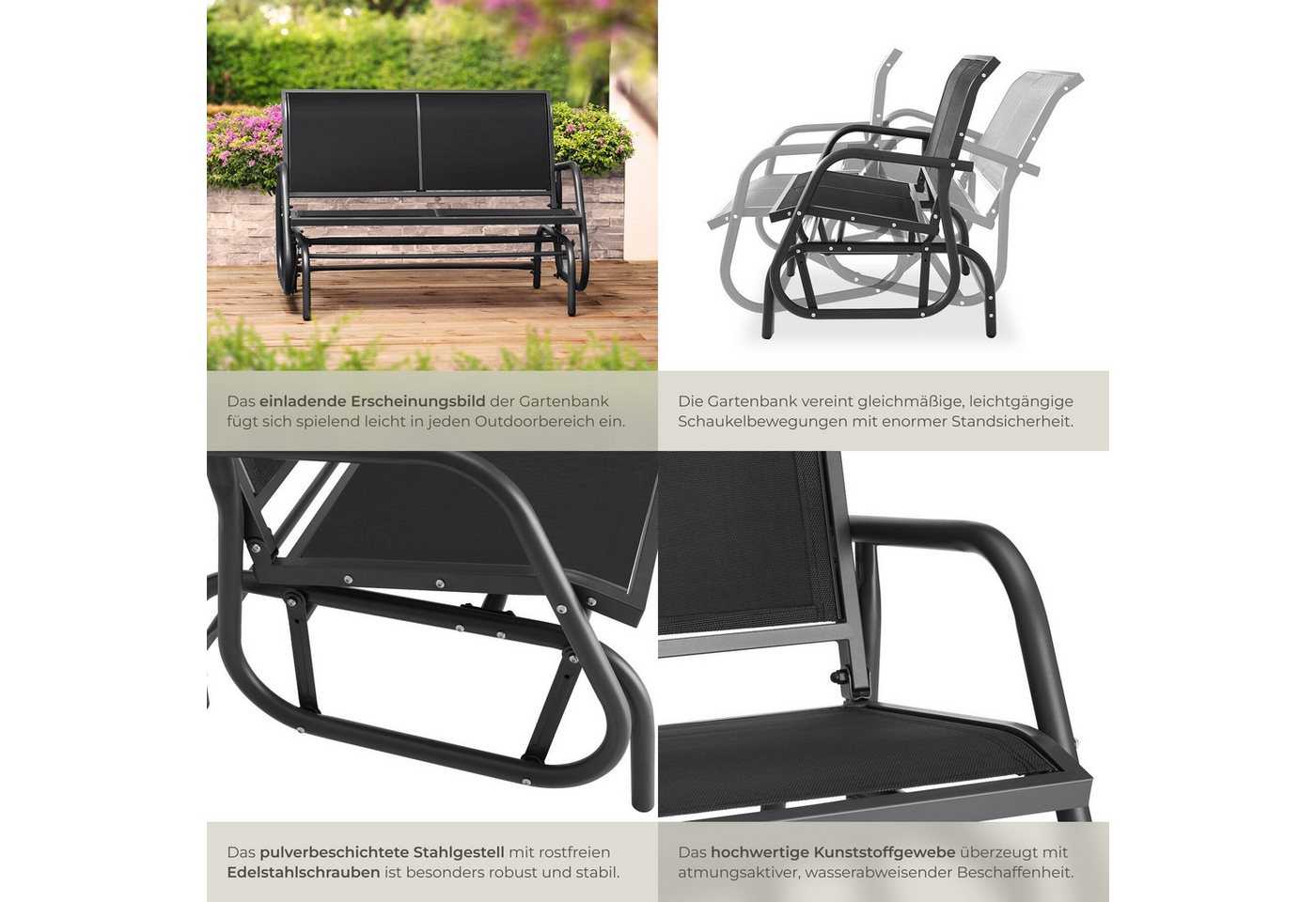 tectake Gartenbank Outdoor-Sitzbank, 121 x 72 x 86,5 cm, sanfter Schaukelmechanismus (Parkbank Greta, in schwarz), 2-Sitzer, atmungsaktives Kunststoffgewebe, Be – Bild 5 von 5