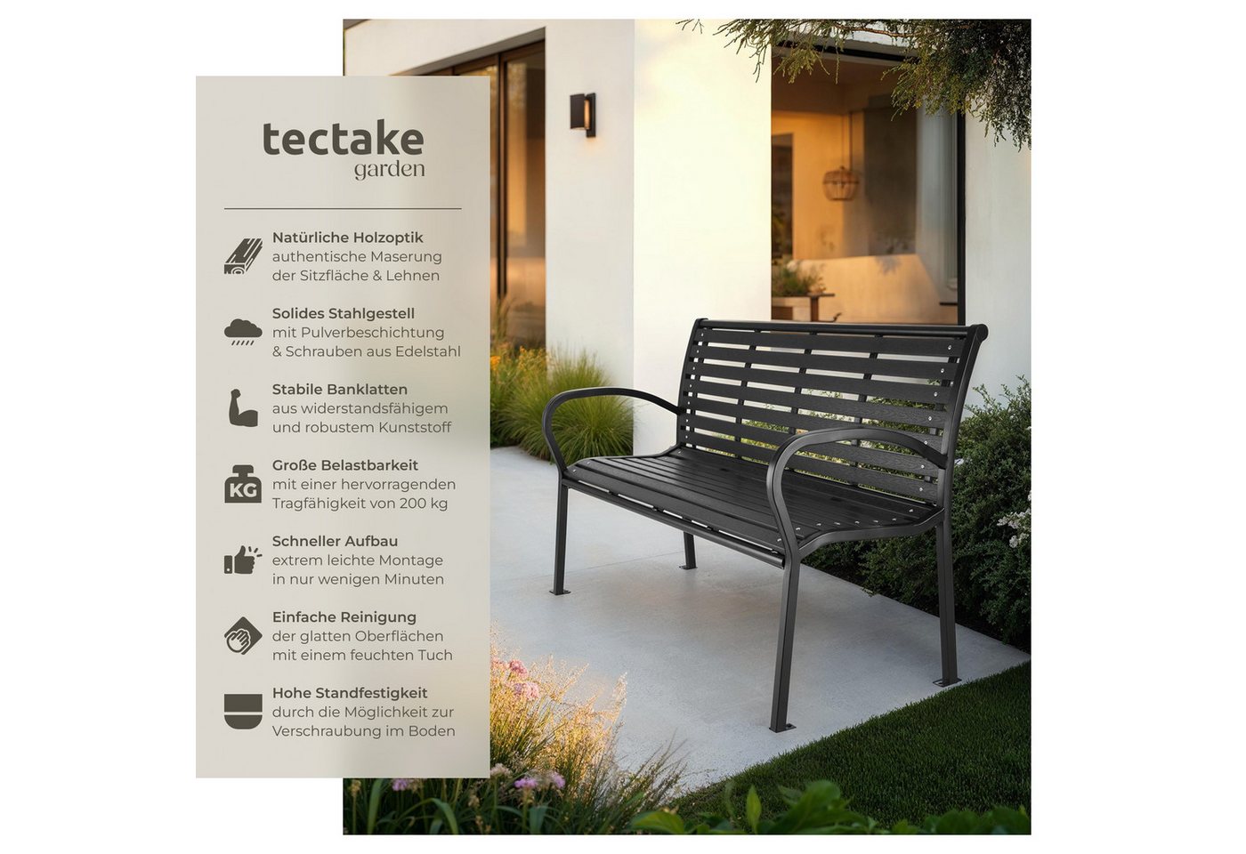 tectake Gartenbank Outdoor-Sitzbank, 126 x 62 x 81,5 cm, aus Kunststoff und Stahl (Parkbank Pino, in schwarz), 3-Sitzer, wetterbeständig, mit einer Belastbarkei – Bild 2 von 5