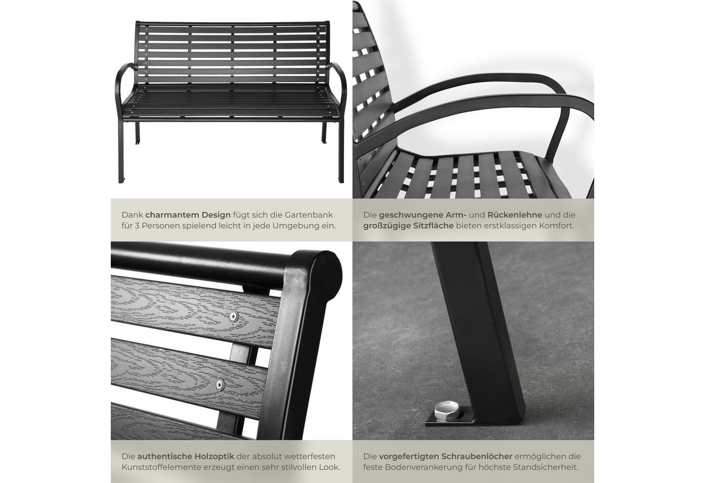 tectake Gartenbank Outdoor-Sitzbank, 126 x 62 x 81,5 cm, aus Kunststoff und Stahl (Parkbank Pino, in schwarz), 3-Sitzer, wetterbeständig, mit einer Belastbarkei – Bild 5 von 5