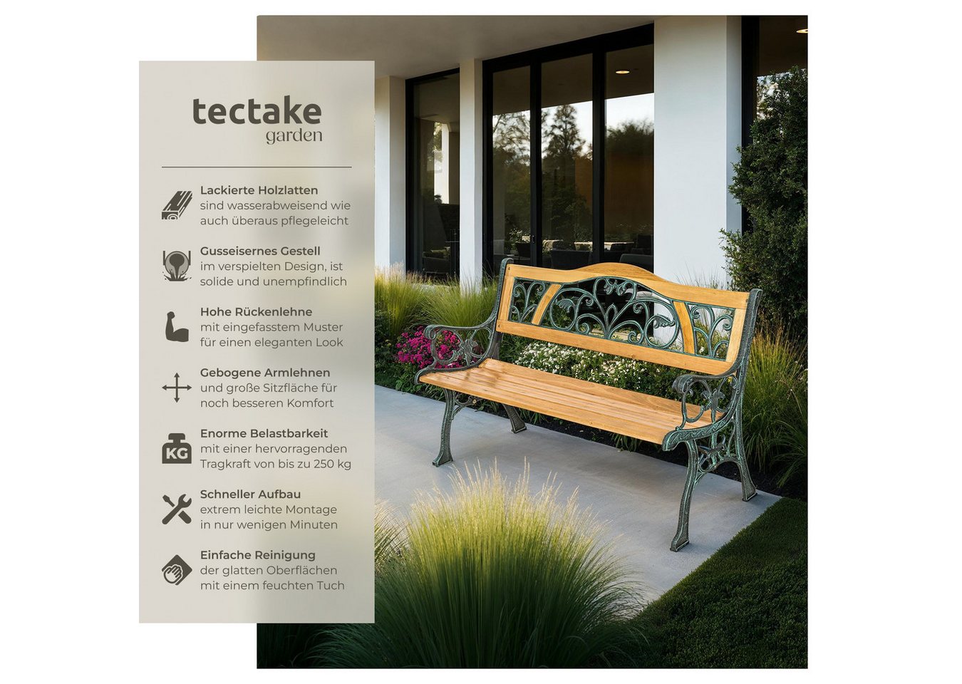 tectake Gartenbank Outdoor-Sitzbank, 124 x 60 x 83 cm, gefertigt aus Holz und Gusseisen (Parkbank Kathi, in braun), 2-Sitzer, wetterbeständig, mit einer Belastb – Bild 2 von 5