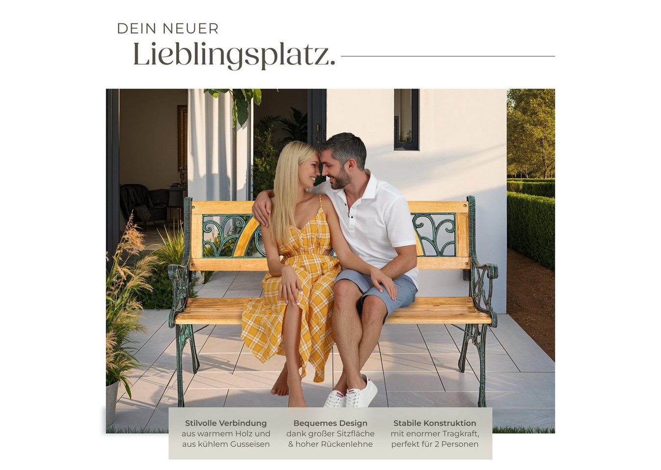 tectake Gartenbank Outdoor-Sitzbank, 124 x 60 x 83 cm, gefertigt aus Holz und Gusseisen (Parkbank Kathi, in braun), 2-Sitzer, wetterbeständig, mit einer Belastb – Bild 3 von 5