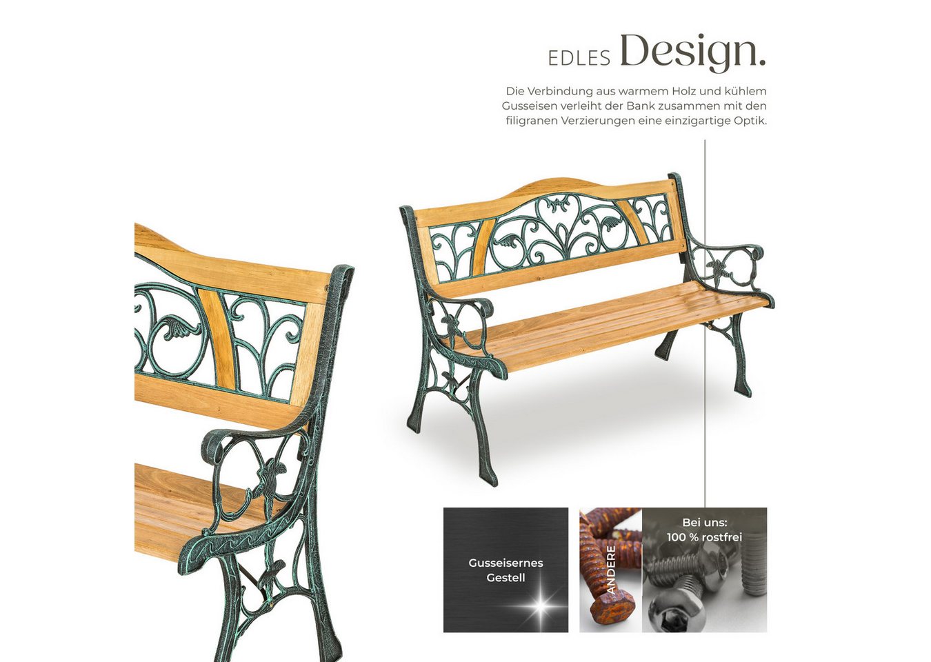 tectake Gartenbank Outdoor-Sitzbank, 124 x 60 x 83 cm, gefertigt aus Holz und Gusseisen (Parkbank Kathi, in braun), 2-Sitzer, wetterbeständig, mit einer Belastb – Bild 4 von 5