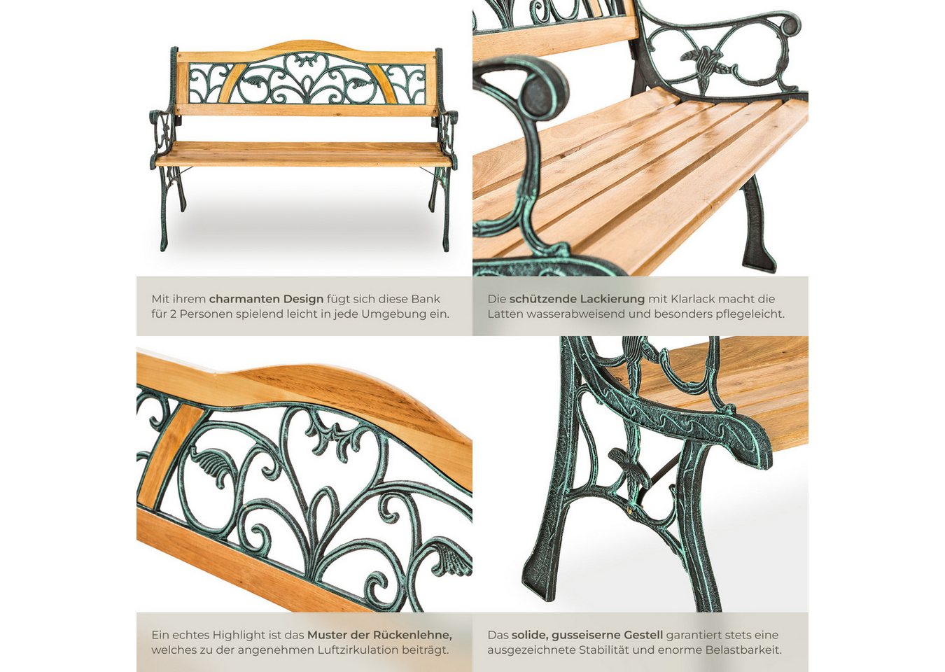 tectake Gartenbank Outdoor-Sitzbank, 124 x 60 x 83 cm, gefertigt aus Holz und Gusseisen (Parkbank Kathi, in braun), 2-Sitzer, wetterbeständig, mit einer Belastb – Bild 5 von 5