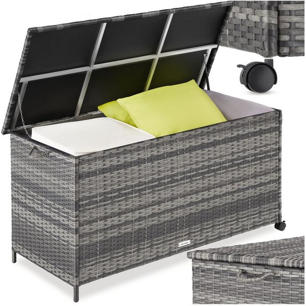 tectake Gartenbox Kissenbox mit 253 l Volumen, Aluminium, Rollen, Rattan, Hubautomatik (Rattanbox Kuusamo, in Grau), herausnehmbare Innenverkleidung für flexibl