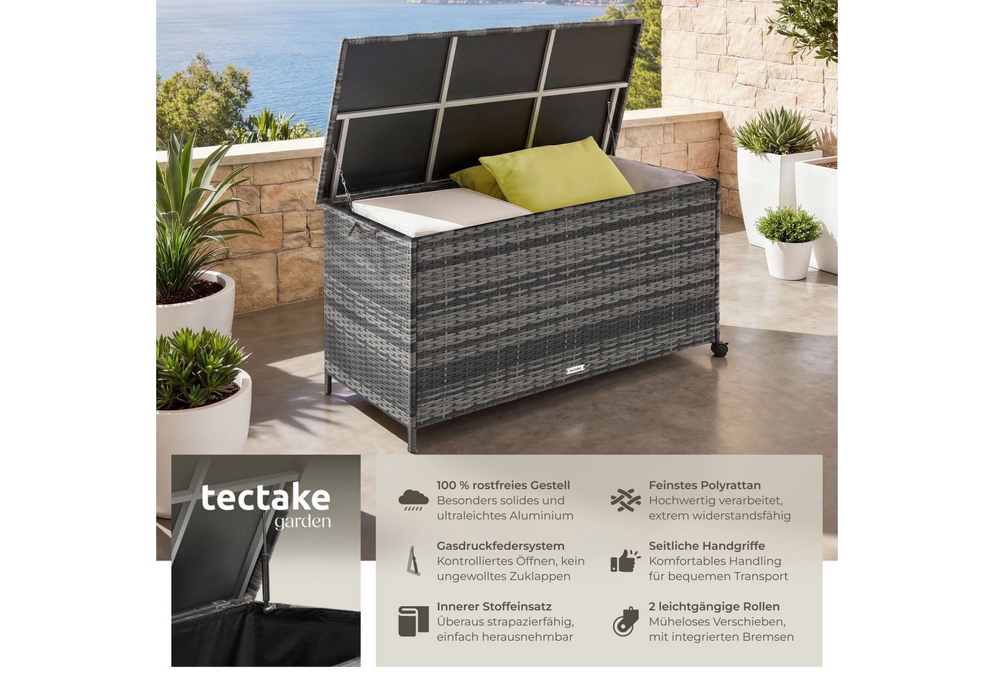 tectake Gartenbox Kissenbox mit 253 l Volumen, Aluminium, Rollen, Rattan, Hubautomatik (Rattanbox Kuusamo, in Grau), herausnehmbare Innenverkleidung für flexibl – Bild 2 von 5