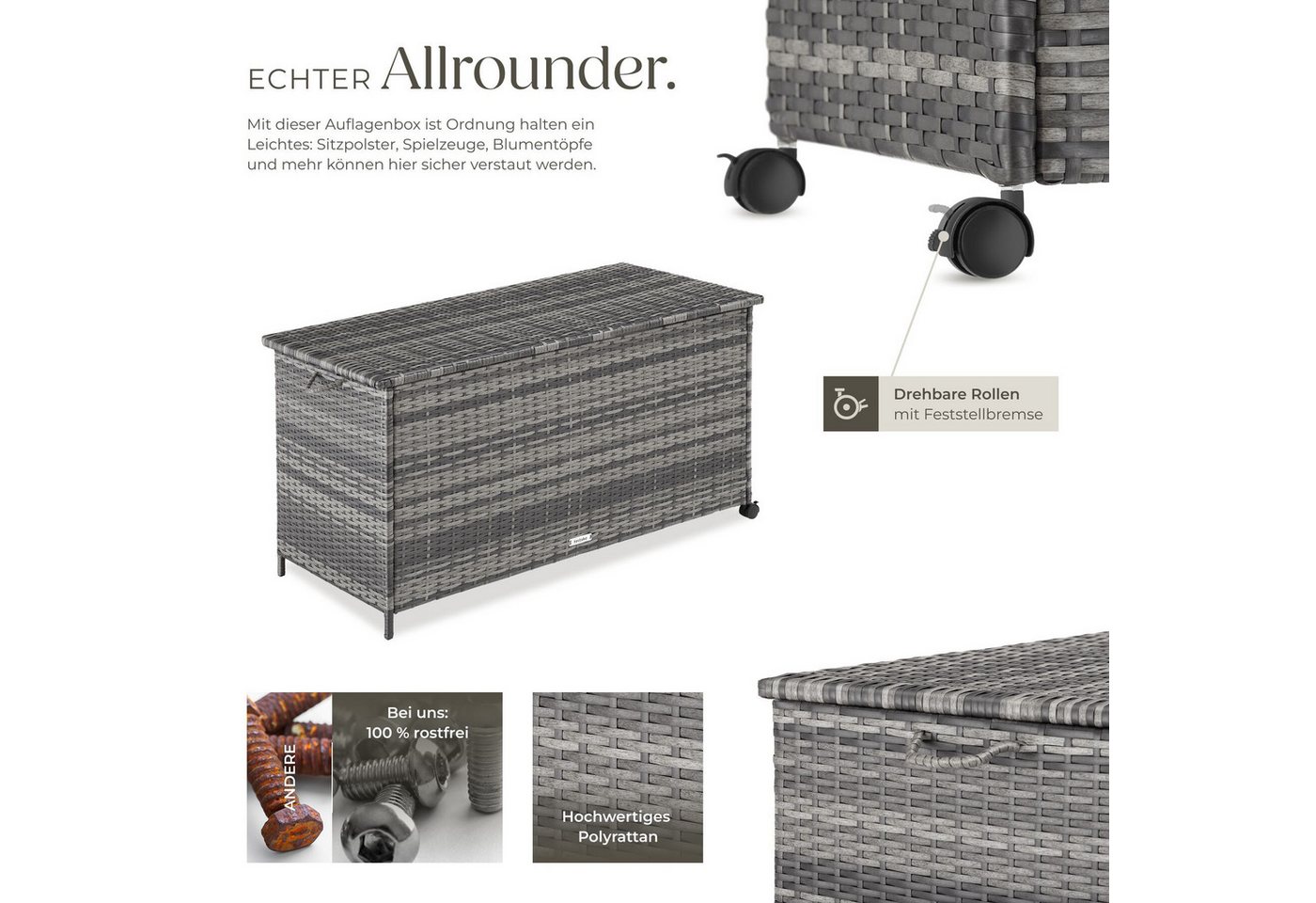 tectake Gartenbox Kissenbox mit 253 l Volumen, Aluminium, Rollen, Rattan, Hubautomatik (Rattanbox Kuusamo, in Grau), herausnehmbare Innenverkleidung für flexibl – Bild 3 von 5