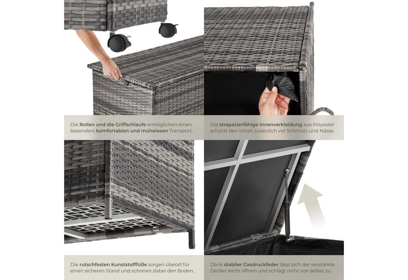 tectake Gartenbox Kissenbox mit 253 l Volumen, Aluminium, Rollen, Rattan, Hubautomatik (Rattanbox Kuusamo, in Grau), herausnehmbare Innenverkleidung für flexibl – Bild 5 von 5