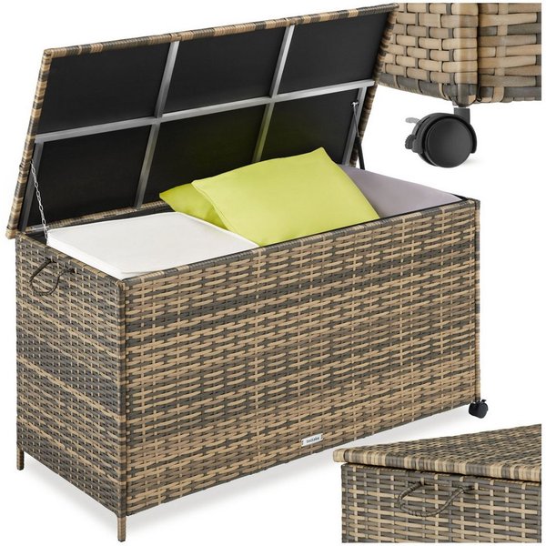 tectake Gartenbox Kissenbox mit 253 l Volumen, Aluminium, Rollen (Aufbewahrungsbox Für draußen Kuusamo, in Natur), herausnehmbare Innenverkleidung mit Griffschl