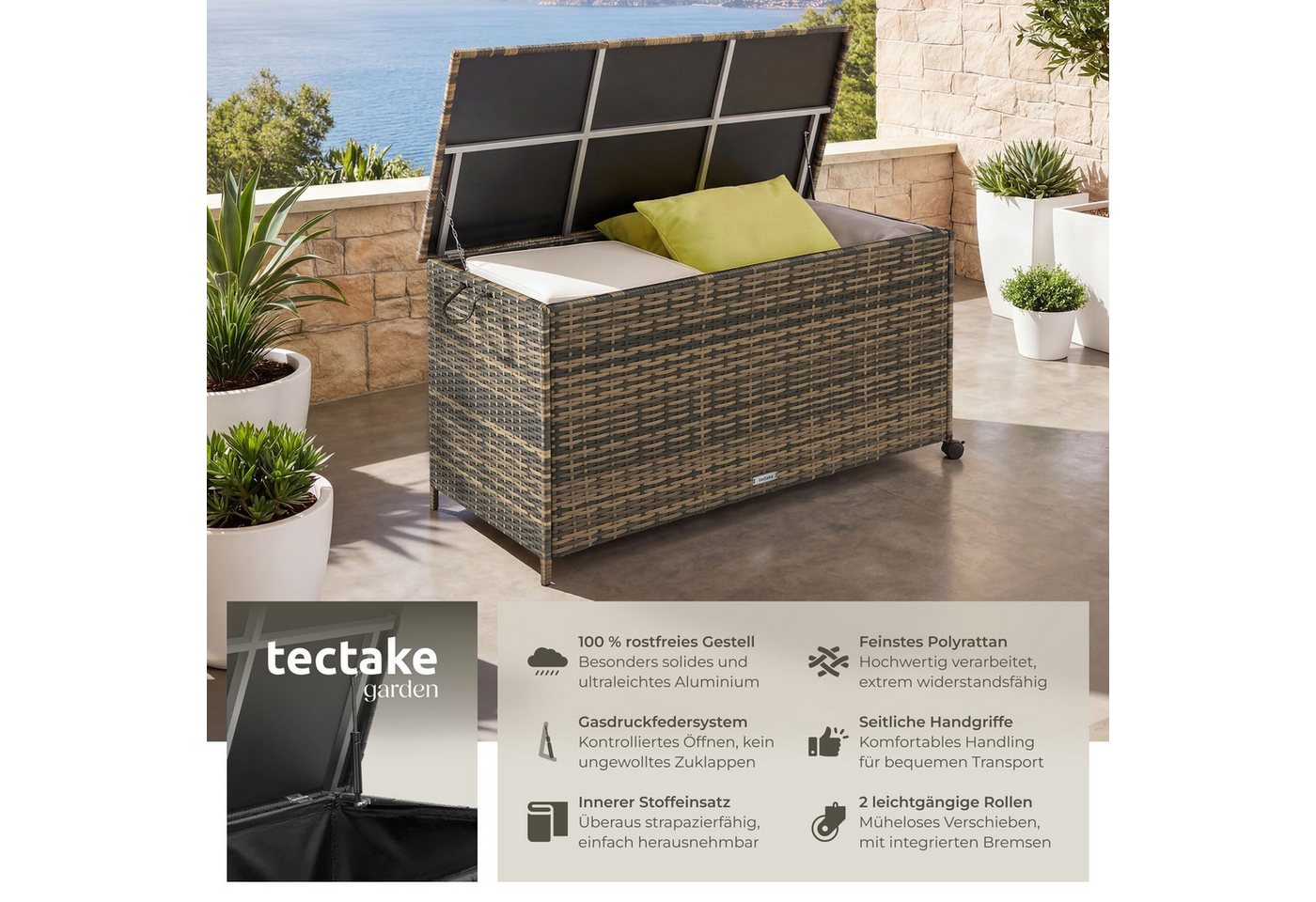 tectake Gartenbox Kissenbox mit 253 l Volumen, Aluminium, Rollen (Aufbewahrungsbox Für draußen Kuusamo, in Natur), herausnehmbare Innenverkleidung mit Griffschl – Bild 2 von 5