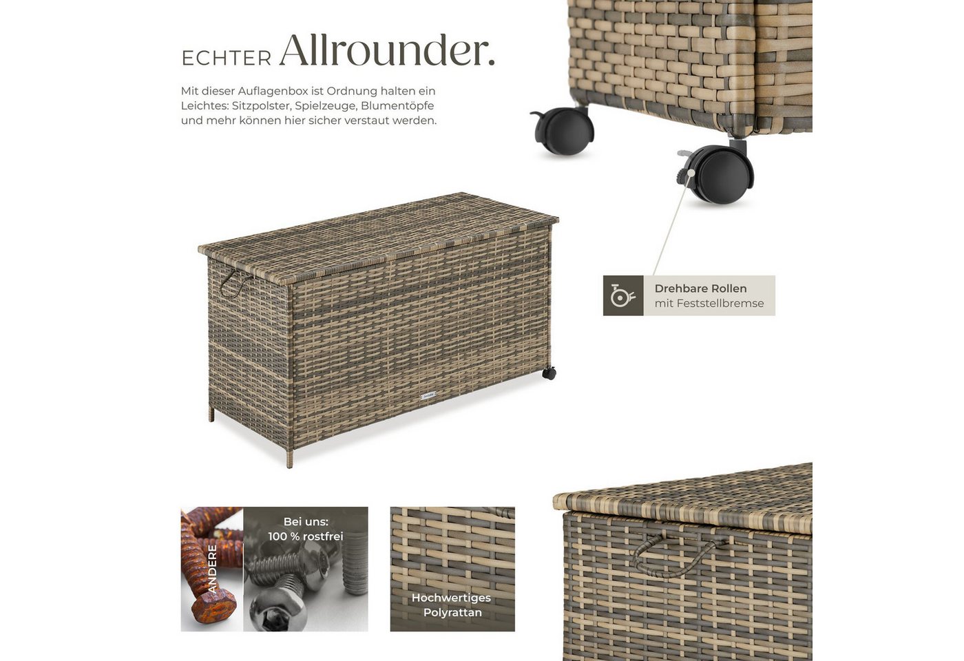 tectake Gartenbox Kissenbox mit 253 l Volumen, Aluminium, Rollen (Aufbewahrungsbox Für draußen Kuusamo, in Natur), herausnehmbare Innenverkleidung mit Griffschl – Bild 3 von 5