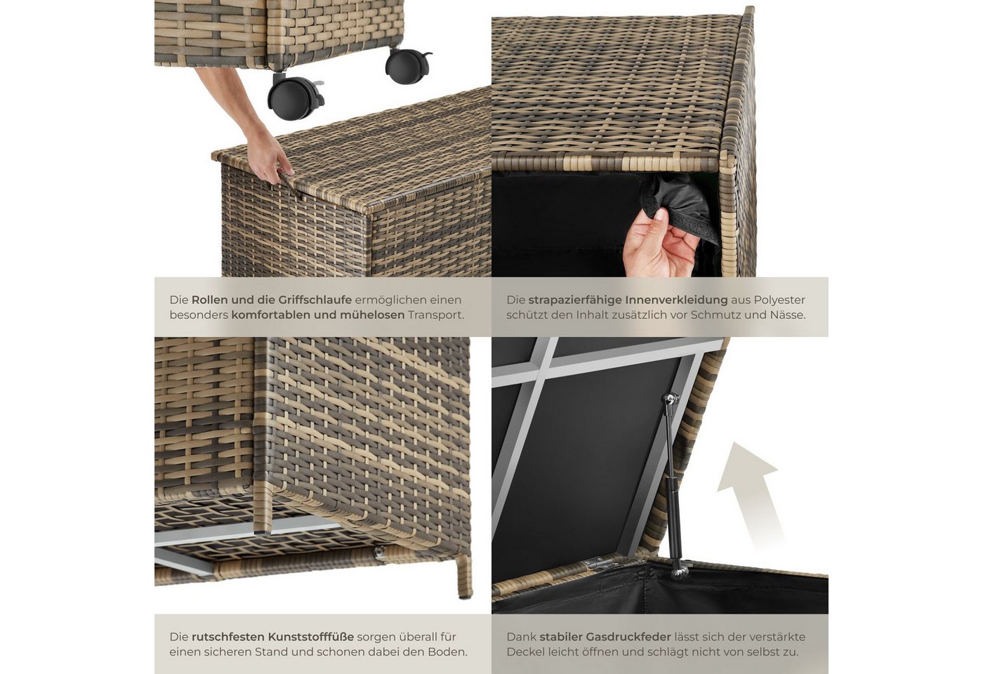 tectake Gartenbox Kissenbox mit 253 l Volumen, Aluminium, Rollen (Aufbewahrungsbox Für draußen Kuusamo, in Natur), herausnehmbare Innenverkleidung mit Griffschl – Bild 5 von 5