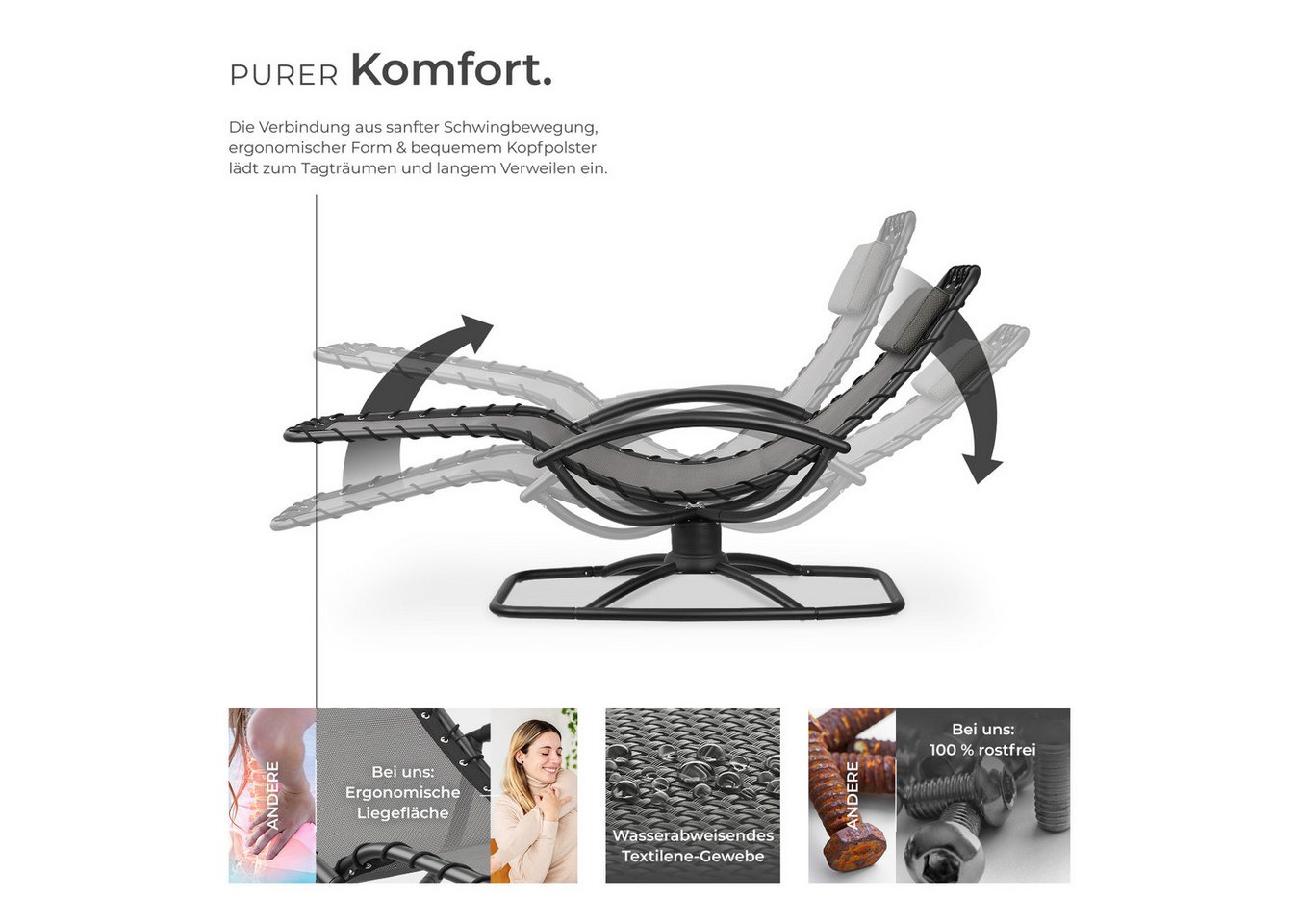 tectake Gartenliege ergonomische Kippliege, 77 x 170 x 83 cm, 150 kg Belastbarkeit, Sonnenliege Toulon, 1 St., in grau, bequeme Schaumstoffpolsterung, atmungsak – Bild 3 von 5