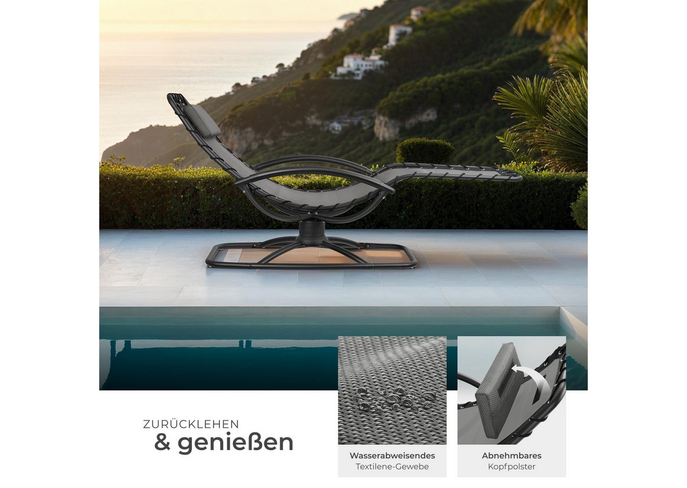 tectake Gartenliege ergonomische Kippliege, 77 x 170 x 83 cm, 150 kg Belastbarkeit, Sonnenliege Toulon, 1 St., in grau, bequeme Schaumstoffpolsterung, atmungsak – Bild 4 von 5