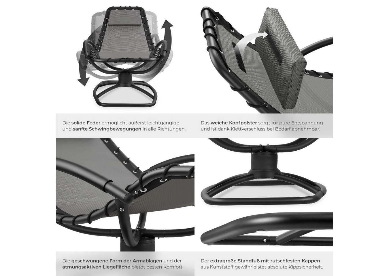 tectake Gartenliege ergonomische Kippliege, 77 x 170 x 83 cm, 150 kg Belastbarkeit, Sonnenliege Toulon, 1 St., in grau, bequeme Schaumstoffpolsterung, atmungsak – Bild 5 von 5