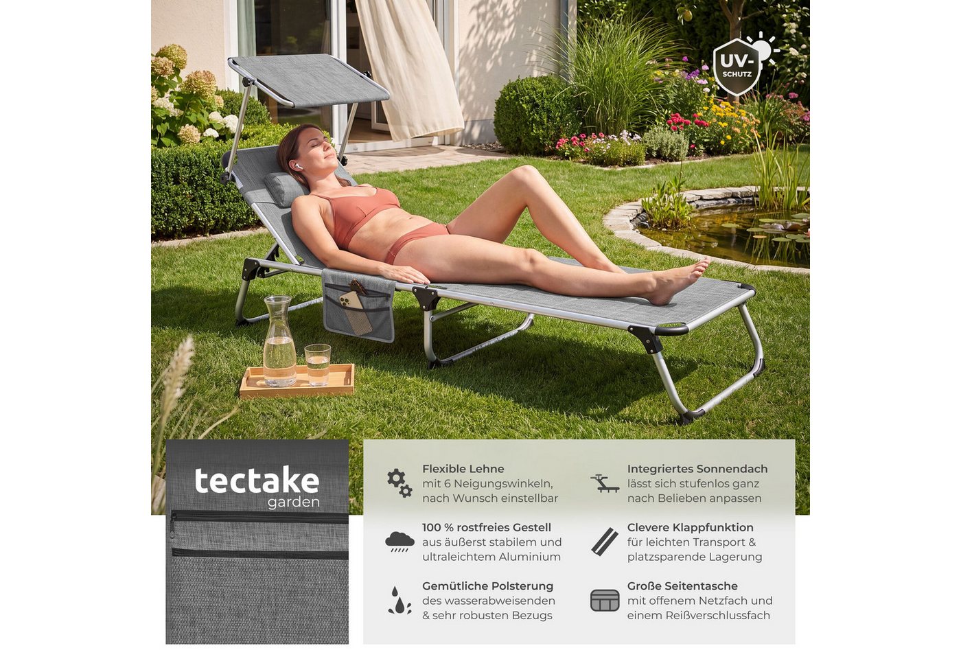 tectake Gartenliege Klappbare Relaxliege Aluminium gepolstert mit Dach, Klappbare Sonnenliege Lorella, 1 St., in Grau-meliert, seitentasche, wetterfest, UV-best – Bild 2 von 5
