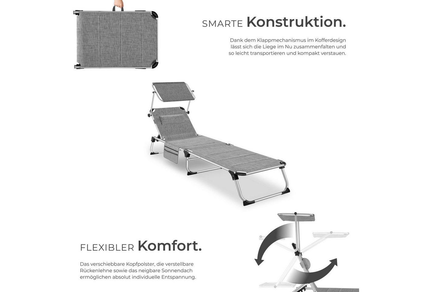 tectake Gartenliege Klappbare Relaxliege Aluminium gepolstert mit Dach, Klappbare Sonnenliege Lorella, 1 St., in Grau-meliert, seitentasche, wetterfest, UV-best – Bild 3 von 5