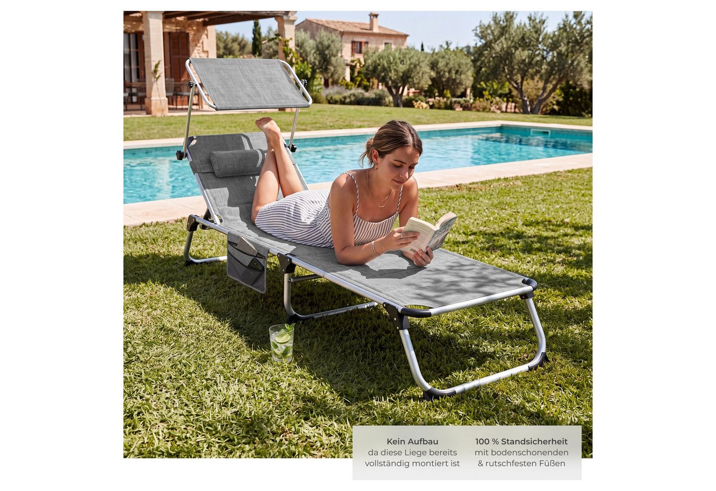 tectake Gartenliege Klappbare Relaxliege Aluminium gepolstert mit Dach, Klappbare Sonnenliege Lorella, 1 St., in Grau-meliert, seitentasche, wetterfest, UV-best – Bild 4 von 5