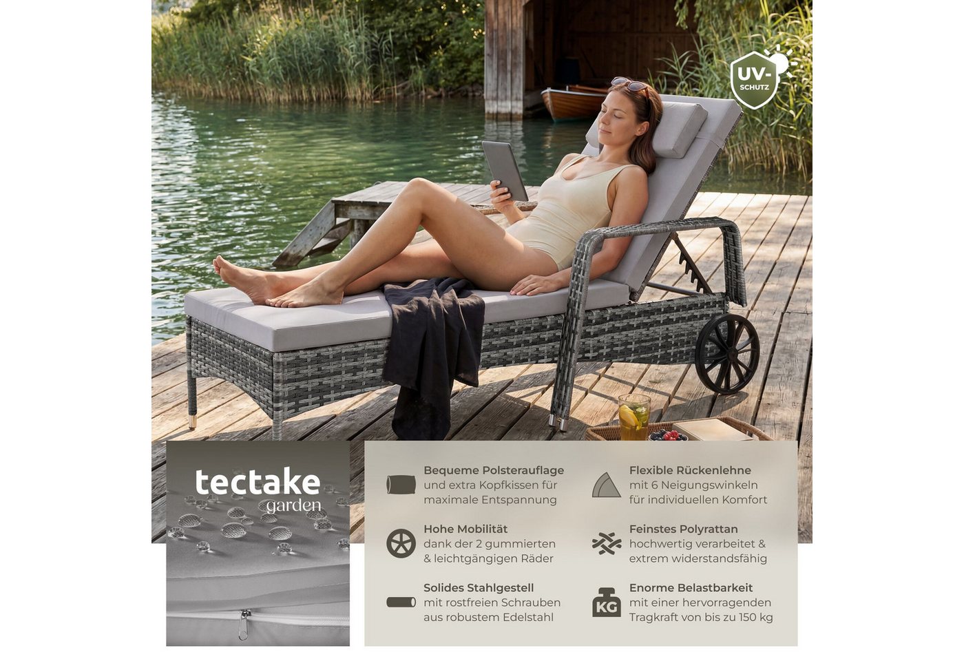 tectake Gartenliege Rattan Sonnenliege, abnehmbares Kopfkissen, 200 x 70 x 33 cm, Balkonliege, 1 St., für Außen in Grau/Hellgrau, widerstandsfähig, UV-beständig – Bild 2 von 5