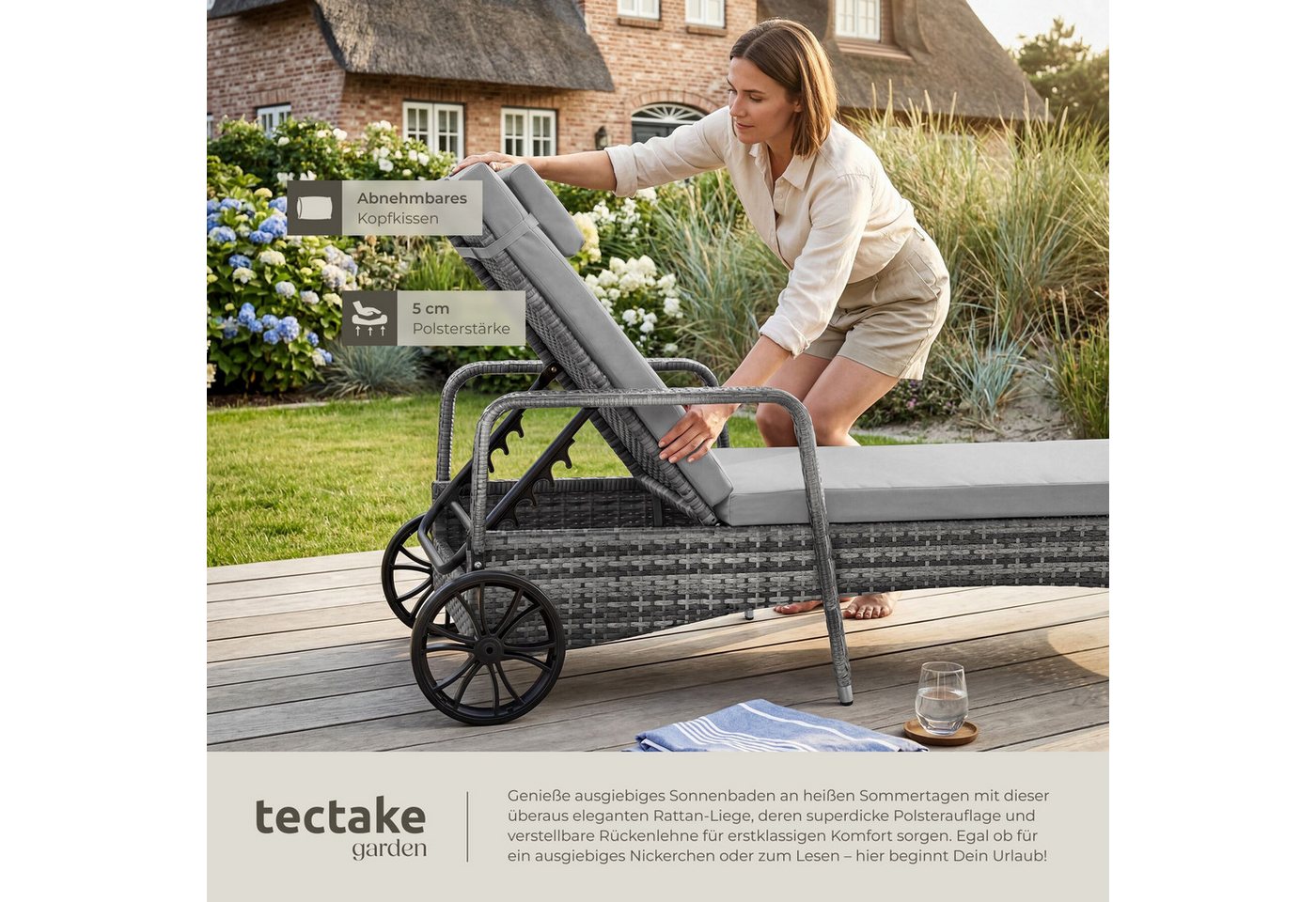 tectake Gartenliege Rattan Sonnenliege, abnehmbares Kopfkissen, 200 x 70 x 33 cm, Balkonliege, 1 St., für Außen in Grau/Hellgrau, widerstandsfähig, UV-beständig – Bild 4 von 5