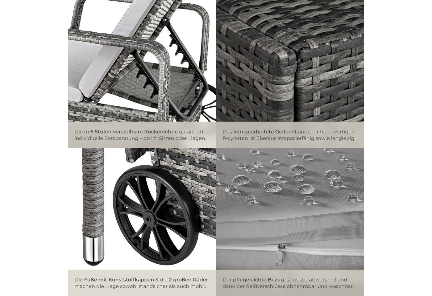 tectake Gartenliege Rattan Sonnenliege, abnehmbares Kopfkissen, 200 x 70 x 33 cm, Balkonliege, 1 St., für Außen in Grau/Hellgrau, widerstandsfähig, UV-beständig – Bild 5 von 5